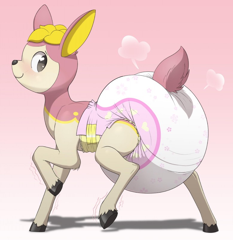 black_eyes blush butt clothing diaper diaper_puff embarrassed female feral fur gradient_background hooves looking_back multicolored_body multicolored_fur pink_background pink_body pink_fur quadruped raised_tail side_view simple_background solo tail tan_body tan_fur two_tone_body two_tone_fur bunnykisses nintendo pokemon deer deerling generation_5_pokemon mammal pokemon_(species) spring_deerling 2019 absurd_res hi_res