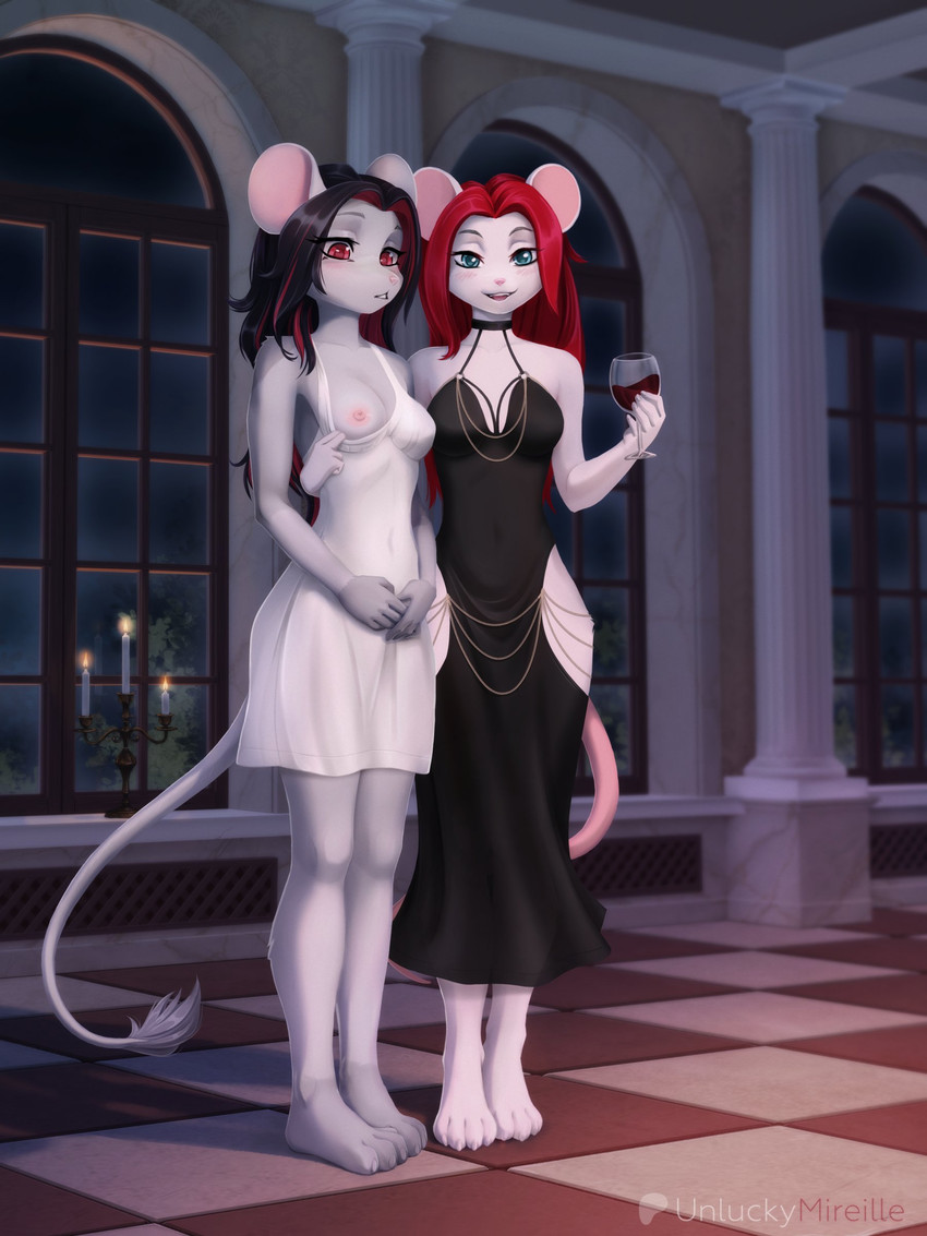 4_toes 5_fingers alcohol anthro beverage black_clothing black_dress black_hair blue_eyes breasts candle candle_holder chain clothed clothing container cup detailed_background dress drinking_glass duo feet female fingers floor glass glass_container glass_cup hair highlights_(coloring) holding_alcohol humanoid_hands long_hair no_bra no_shoes one_breast_out patreon_logo patreon_username paws pink_tail pulling_down_top red_eyes red_hair red_highlights tail tail_tuft text tile tile_floor toes tuft white_clothing white_dress wine wine_glass unluckymireille hollow_hip_backless_chain_dress patreon mammal mouse murid murine rodent 2025 3:4 absurd_res artist_name digital_media_(artwork) hi_res signature