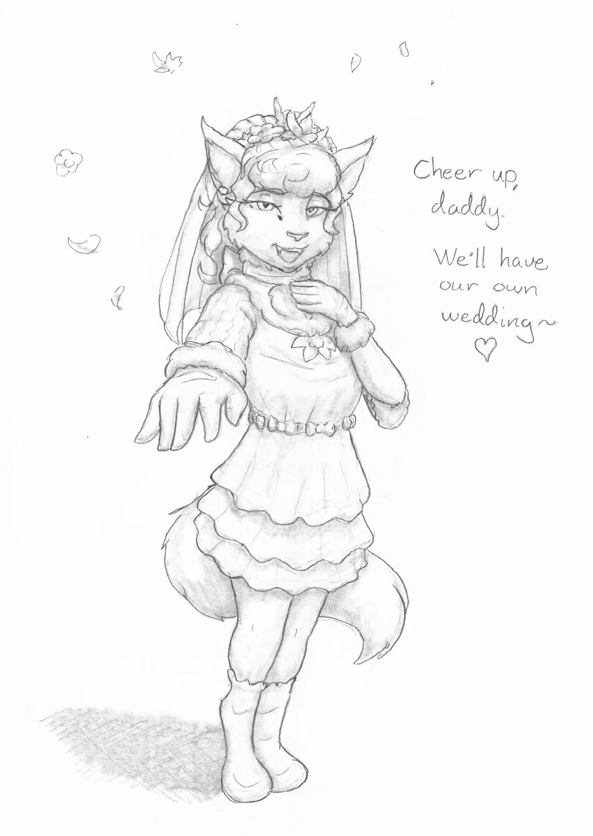 accessory anthro bride clothing dress female flower flower_in_hair footwear gloves hair hair_accessory handwear implied_incest plant socks solo veil wedding_dress young meowmere domestic_cat felid feline felis mammal absurd_res hi_res monochrome