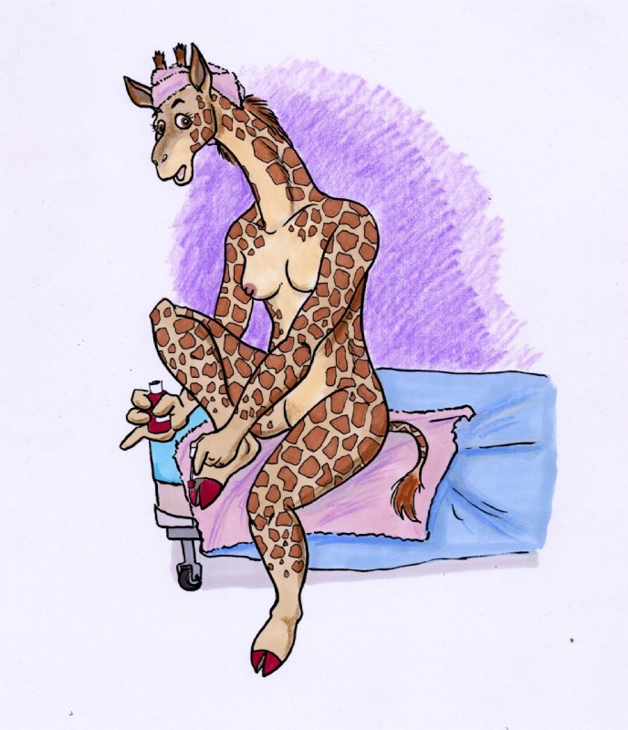 animal_print anthro biped breasts colored_nails countershading female giraffe_print hooves horn nails nipples nude ossicone simple_background sitting solo tail white_background rabbi-tom giraffe giraffid mammal hi_res