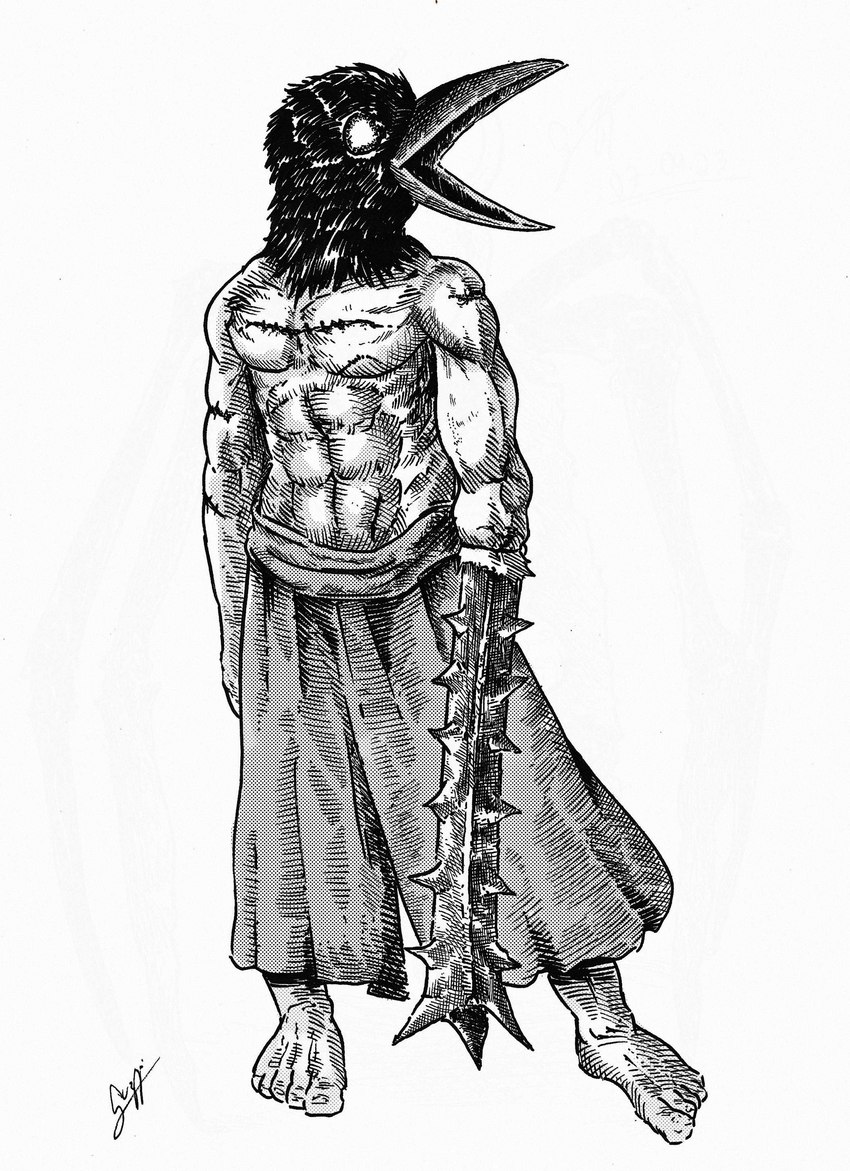 5_toes abs amputee arm_scar barefoot beak black_body black_feathers bottomwear chest_scar clothing disability feathers feet for_a_head glistening glistening_body glistening_feathers looking_away male melee_weapon muscular muscular_humanoid muscular_male no_pupils open_beak open_mouth pants pants_only scar shirtless shirtless_humanoid shirtless_male simple_background solo standing toes weapon weapon_arm white_background guzzithegoose fear_and_hunger crow_mauler animal_head animal_humanoid avian avian_humanoid bird bird_humanoid corvid corvid_humanoid corvus_(genus) corvus_humanoid crow crow_humanoid humanoid oscine passerine 2023 absurd_res black_and_white hi_res monochrome shaded signature traditional_media_(artwork)