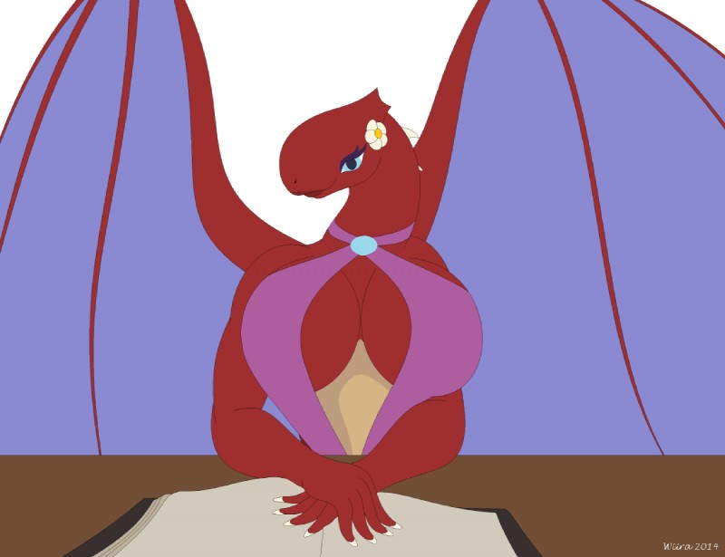 anthro big_breasts blue_eyes book breasts claws cleavage clothed clothing female flower huge_breasts jewelry lips looking_at_viewer membrane_(anatomy) membranous_wings midriff non-mammal_breasts plant simple_background smile solo spikes wings wiira mythology firith dragon mythological_creature mythological_scalie scalie 2014 digital_media_(artwork) microsoft_paint_(artwork)