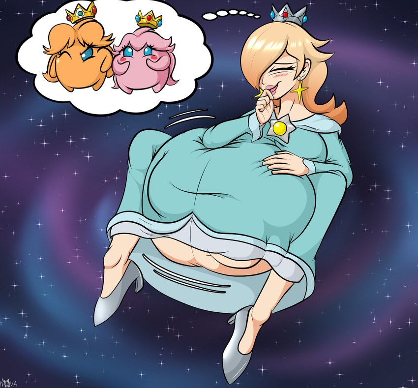 abdominal_bulge after_vore belly big_belly blonde_hair blue_eyes breasts clothing crown female group hair headgear not_furry not_furry_focus orange_body pink_body pregnant transformation trio unbirthing vaginal vore novaspark mario_bros nintendo super_mario_galaxy princess_daisy princess_peach rosalina_(mario) human luma mammal hi_res