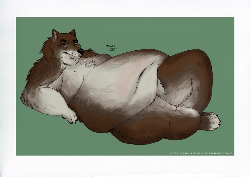 anthro arm_support belly border brown_body brown_fur claws fur green_background lounging male moobs navel nude obese obese_anthro obese_male overweight overweight_anthro overweight_male simple_background solo text thick_thighs toe_claws white_body white_fur theweightisover canid canine canis mammal wolf hi_res url