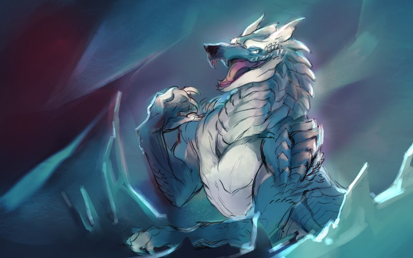 blue_body cave claws feral glowing glowing_eyes ice male open_mouth raised_hand reflection reflective_body scales smile solo teeth tongue tongue_out white_body white_eyes slappyshottest capcom monster_hunter canid canine lunagaron mammal monster 16:10 absurd_res hi_res widescreen