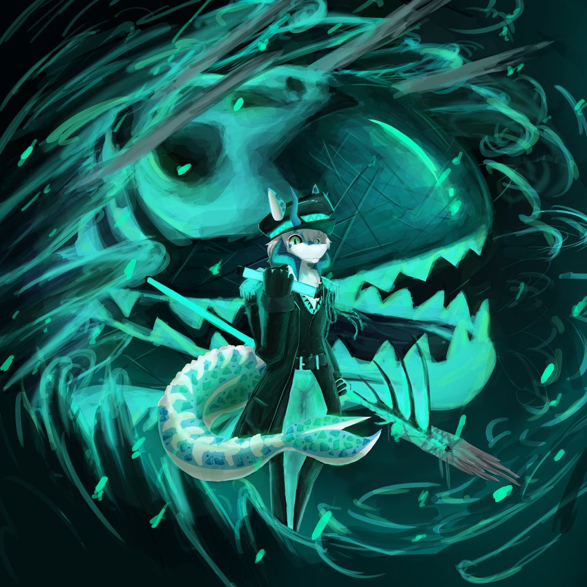 ambiguous_gender big_mouth_(anatomy) black_body blind blue_teeth clothed clothing disability ego eyeless feral fluorescent fluorescent_clothing fluorescent_light fur glowing glowing_body glowing_eyes glowing_object glowing_teeth green_hair green_hair_tie hair harpoon hat headgear headwear light looking_at_viewer male melee_weapon navy navy_hat navy_uniform open_mouth polearm scar sharp_teeth solo spear standing swimming tail teeth tongue water weapon white_hair wounded crybitur limbus_company lobotomy_corporation mythology project_moon dream-devouring_siltcurrent abnormality_(project_moon) abyssal_creature dragon fish hybrid marine monster mythological_creature mythological_scalie scalie shark 1:1 absurd_res hi_res