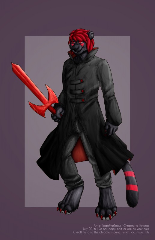 anthro clothing facial_markings fur hair head_markings male markings melee_weapon pawpads red_eyes red_hair solo sword tail tail_markings text weapon kisaofthesnow hinotai felid mammal pantherine absurd_res english_text hi_res