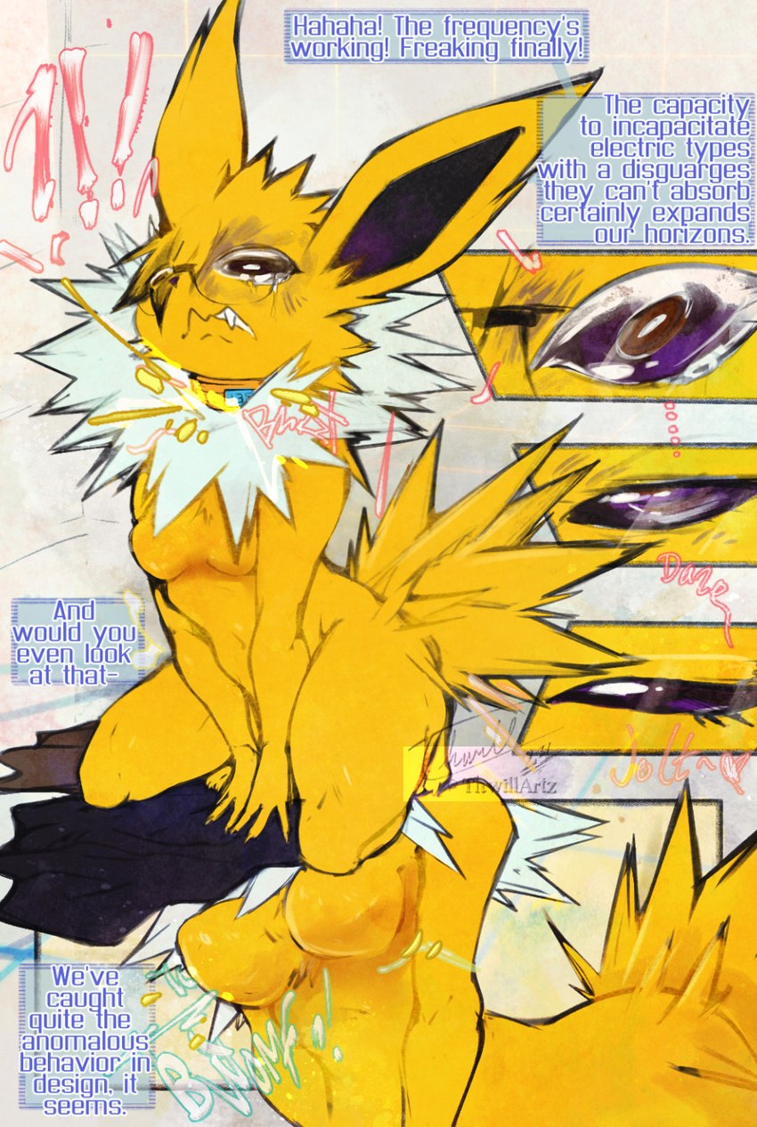 anthro bodily_fluids breast_growth breasts collar crying dialogue electricity electrocution eyewear female fur gender_transformation glasses growth identity_death kneeling_oral_position medium_breasts mind_alteration mtf_transformation pain personality_change pokemorph shock_collar solo species_transformation tears text thick_thighs transformation yellow_body yellow_fur thwillartz nintendo pokemon deiser eeveelution generation_1_pokemon jolteon pokemon_(species) colored english_text hi_res