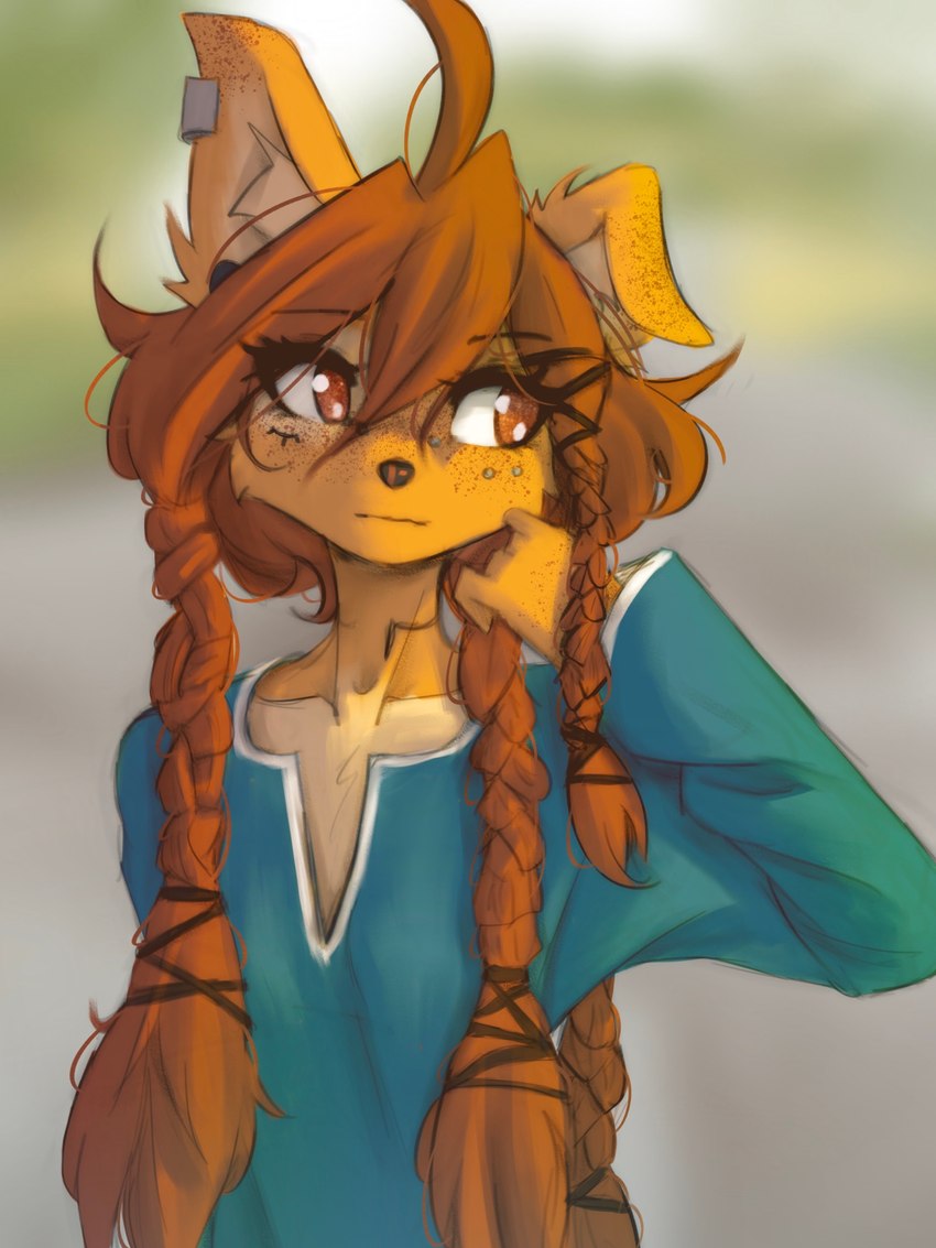 5_fingers anthro braided_hair brown_eyes brown_hair clothed clothed_anthro clothed_female clothing countershade_torso countershading ear_piercing female fingers front_view gauged_ear hair inner_ear_fluff looking_aside neck_tattoo one_ear_up piercing solo tattoo tuft tinygaypirate apogee_(tinygaypirate) canid canine canis domestic_dog mammal 2025 digital_media_(artwork) hi_res