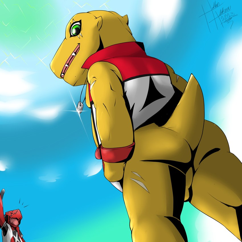 anthro backsack balls bottomless butt claws clothed clothing duo genitals green_eyes looking_at_viewer low-angle_view male red_body scar topwear vest yellow_body heibanhikaru bandai_namco digimon axl_shoutmon agumon digimon_(species) scalie shoutmon 1:1 absurd_res hi_res