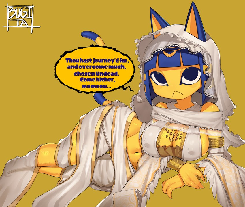 :< anthro armlet arms_crossed_under_breasts armwear big_breasts big_eyes blue_hair breasts bridal_gauntlets circlet cleavage clothed clothing cosplay elbow_gloves female frown fur gloves hair handwear hood jewelry lace looking_at_viewer lying markings navel necklace nipple_outline on_side short_hair simple_background solo striped_markings striped_tail stripes tail tail_markings text thigh_gap wide_hips yellow_background yellow_body yellow_fur bugita animal_crossing dark_souls fromsoftware nintendo ankha_(animal_crossing) gwynevere domestic_cat felid feline felis mammal 2022 absurd_res digital_media_(artwork) english_text hi_res