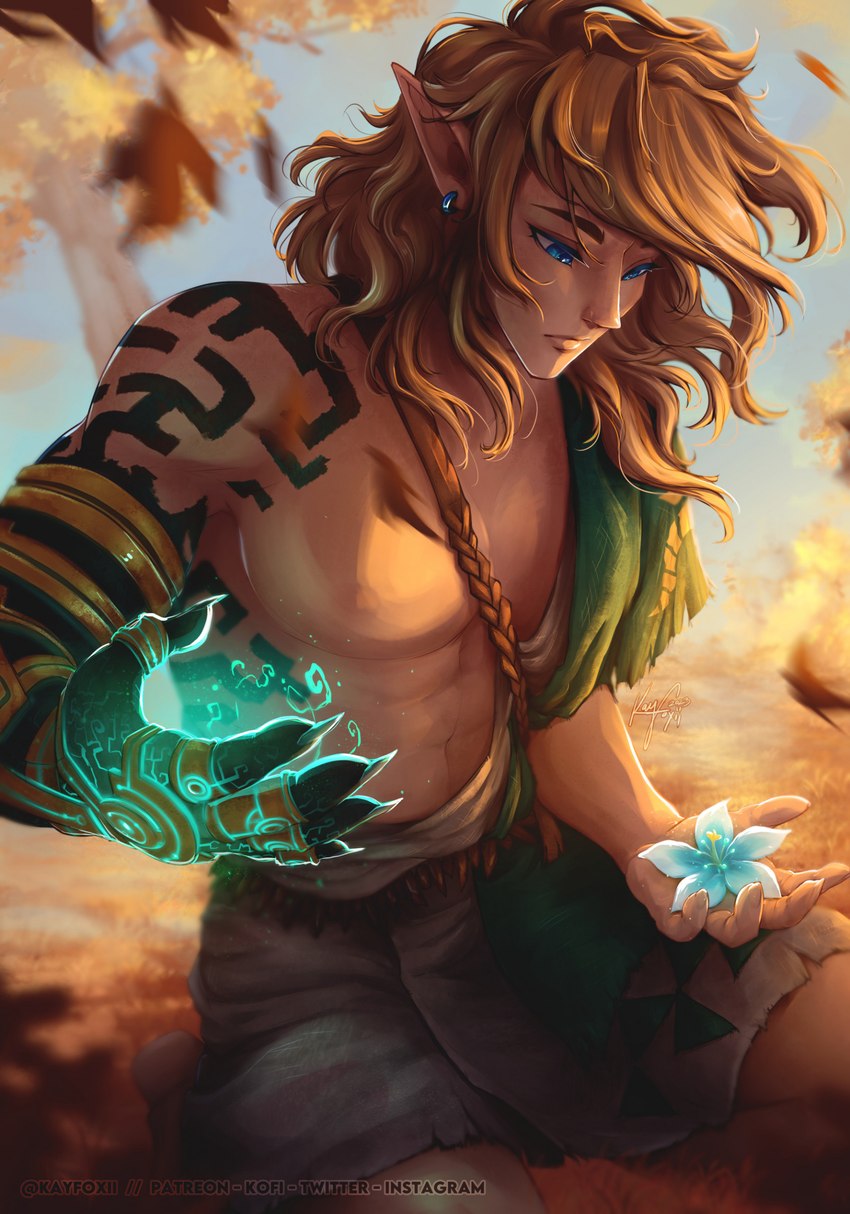 5_fingers abs aura autumn blonde_hair blue_eyes claws clothed clothing detailed_background ear_piercing fingers flower hair humanoid_pointy_ears leaf lily_(flower) long_hair looking_down male markings muscular muscular_humanoid muscular_male not_furry outside piercing plant pointy_ears sitting solo text tree tuft kayfoxii nintendo tears_of_the_kingdom the_legend_of_zelda link elf humanoid hylian 2023 artist_name digital_drawing_(artwork) digital_media_(artwork) hi_res signature url