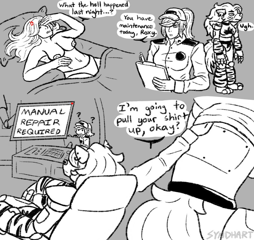 anthro assisted_exposure bed breasts clothed clothing dialogue duo ellipsis female female/female furniture hat headgear headwear human_on_anthro interspecies machine nipples partially_clothed question_mark questioning_ellipsis size_difference text undressing uniform syndhart five_nights_at_freddy's five_nights_at_freddy's:_security_breach scottgames steel_wool_studios roxanne_wolf vanessa_(fnaf) animatronic canid canine canis human mammal robot wolf 2022 comic digital_media_(artwork) english_text hi_res