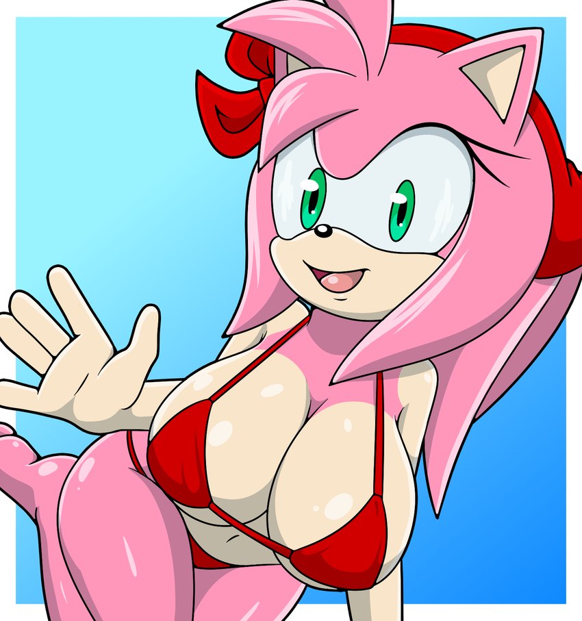 5_fingers anthro big_breasts bikini bikini_bottom bikini_top breasts clothing feet female fingers gesture hair looking_at_viewer navel open_mouth outside pink_body simple_background smile solo swimwear toes two-piece_swimsuit waving sonicguru sega sonic_the_hedgehog_(series) amy_rose eulipotyphlan hedgehog mammal 2024 digital_media_(artwork) hi_res