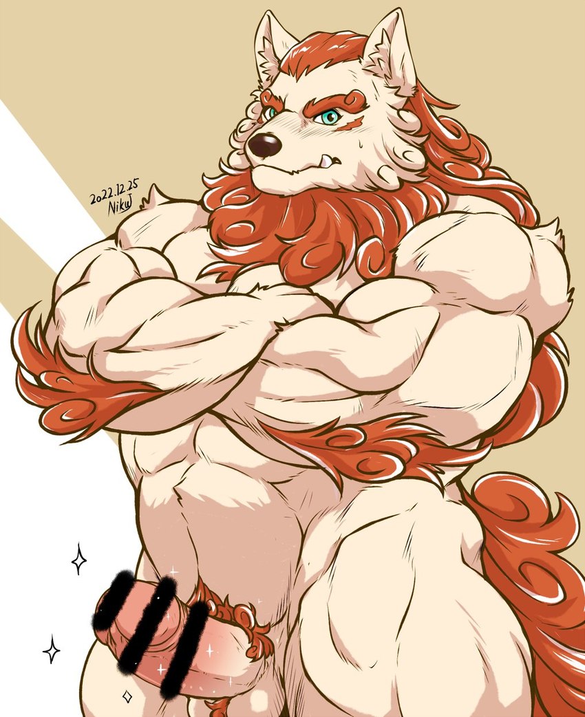 abs anthro ball_tuft balls biceps biped black_nose blush censor_bar crossed_arms elbow_fur erection eyebrows foreskin fur genitals glans hair humanoid_genitalia humanoid_penis ineffective_censorship inner_ear_fluff male muscular muscular_anthro muscular_male muscular_thighs neckbeard nude orange_eyebrows orange_hair orange_pubes orange_tail pecs penis pubes red_glans retracted_foreskin simple_background solo standing tail tan_body tan_fur teal_eyes thick_eyebrows timestamp triceps tuft tusks niku_18 asian_mythology east_asian_mythology japanese_mythology mythology sdorica toyokuni foo_dog komainu mammal yokai 2022 censored colored hi_res signature