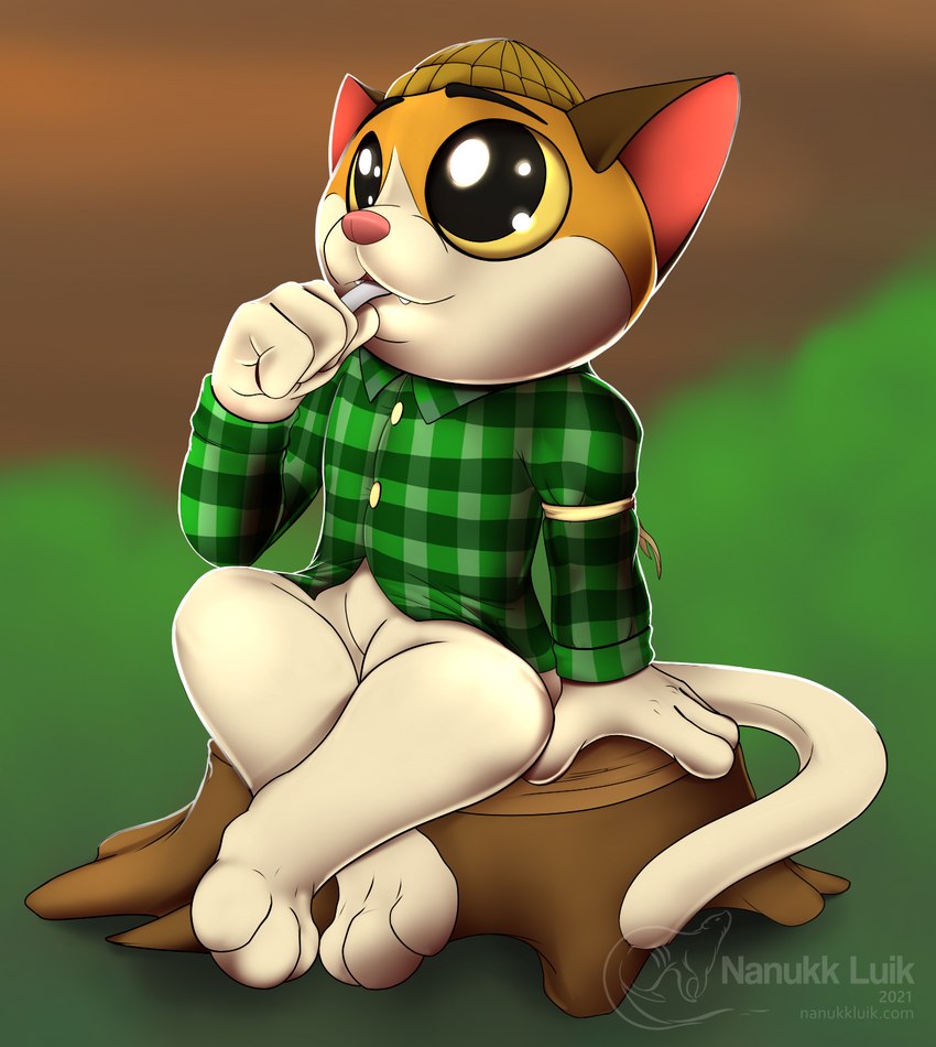 ambiguous_gender anthro blissful bottomless cheerful clothed clothing eating pattern_clothing pattern_shirt pattern_topwear plaid plaid_clothing plaid_shirt plaid_topwear shirt solo topwear wide_eyed year nanukkluik dreamworks kipo_and_the_age_of_wonderbeasts netflix shoelace_mccutty domestic_cat felid feline felis mammal 2021 hi_res