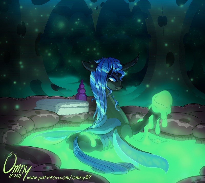 blue_eyes blue_hair changeling_goo fangs female glowing hair mud solo sparkles teeth text towel omny87 friendship_is_magic hasbro my_little_pony fan_character arthropod changeling url