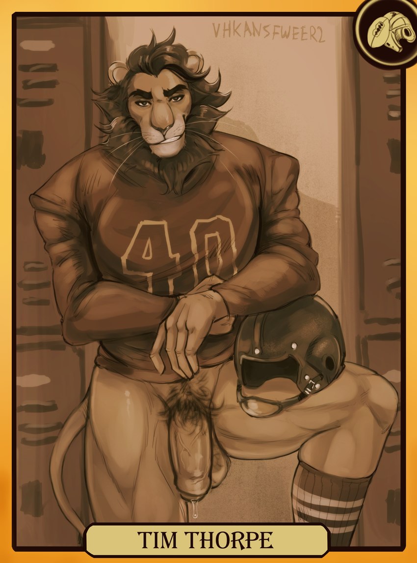 american_football_uniform anthro balls big_penis bodily_fluids bottomless bottomless_anthro bottomless_male card card_template clothed clothing dripping eyebrows flaccid football_helmet footwear foreskin front_view genital_fluids genitals grin hair humanoid_genitalia humanoid_penis locker_room looking_at_viewer male mane mane_hair muscular muscular_anthro muscular_male partially_retracted_foreskin penis pose precum precum_drip pubes smile smirk socks solo step_pose thick_eyebrows trading_card trading_card_template uniform vein veiny_penis whiskers vhkansfweer blacksad tim_thorpe felid lion mammal pantherine character_name hi_res pinup