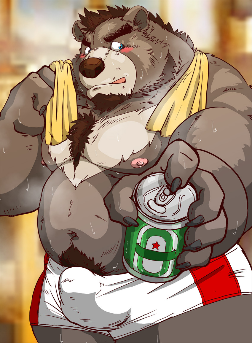 anthro belly bodily_fluids brown_body brown_fur bulge clothing fur humanoid_hands kemono male moobs navel nipples overweight overweight_anthro overweight_male pubes solo sweat towel underwear raichoclub bear mammal 2019 hi_res