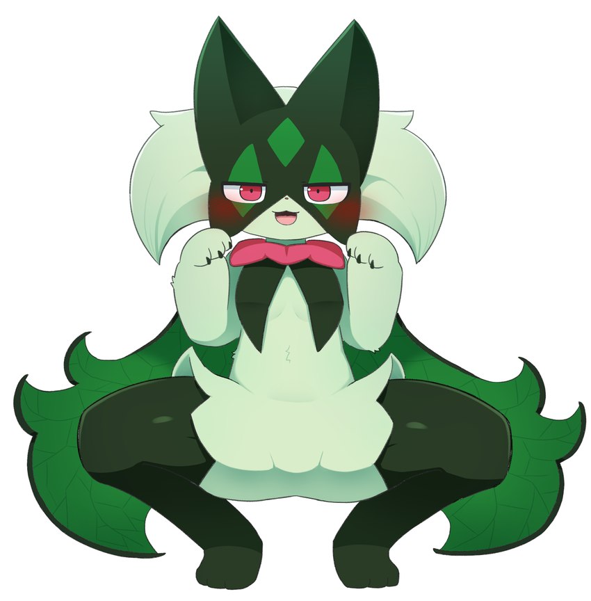 anthro black_claws blush breasts claws female finger_claws front_view fur green_body green_fur iris light_body light_fur open_mouth pink_tongue pupils simple_background solo spread_legs spreading tongue white_background sum nintendo pokemon felid generation_9_pokemon mammal meowscarada pokemon_(species) 2025 hi_res