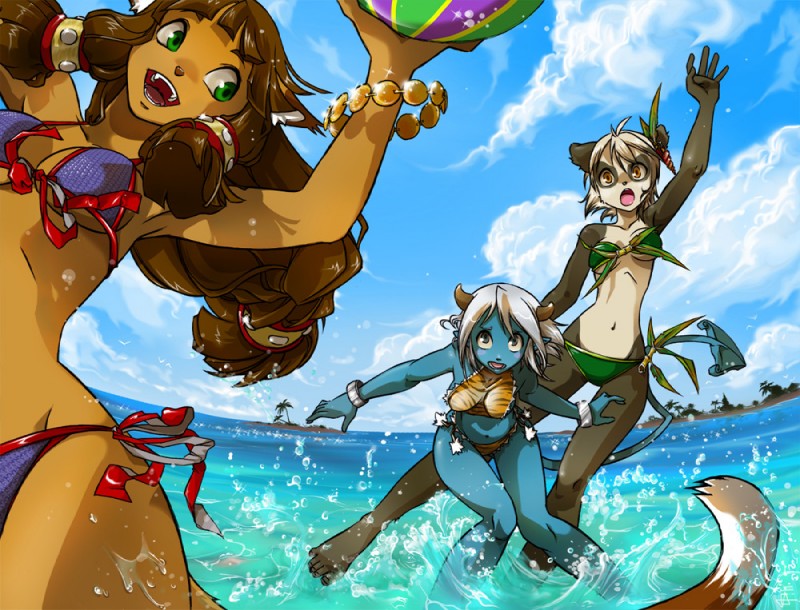 ball bamboo bamboo_object beach beach_ball bikini breasts clothed clothing cloud detailed_background female group holding_ball holding_beach_ball holding_object holding_pool_toy horn inflatable outside partially_submerged sea seaside skimpy sky small_breasts swimwear tail tight_clothing two-piece_swimsuit water enaibi ankama dofus wakfu bear demon domestic_cat ecaflip felid feline felis mammal osamodas pandawa