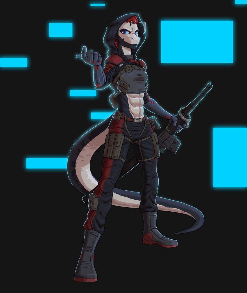 alternative_fashion anthro blue_eyes cybernetic_arm cybernetic_limb cyberpunk cyberpunk_clothes female hair katana melee_weapon pouches punk punk_hair red_hair solo sword tactical_gear tomboy weapon pencilsmith_artwork konami metal_gear metal_gear_rising:_revengeance platinumgames shadowrun xira_decobray reptile scalie snake absurd_res hi_res