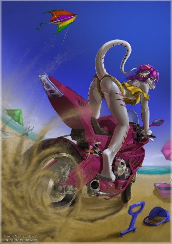 anthro beach clothed clothing crossdressing duo dust_cloud ear_piercing femboy fisheye_lens half-closed_eyes kite looking_at_viewer looking_back low-angle_view male motorcycle narrowed_eyes nipples piercing print raised_tail rear_view sand sea seaside sky skyline smile solo_focus summer tail teeth vehicle water hnz mythology darkdragon4 draki dragon mythological_creature mythological_scalie scalie 2018 digital_media_(artwork) full-length_portrait hi_res portrait