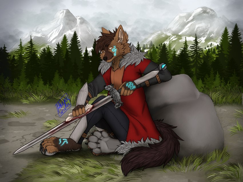 5_fingers 5_toes anthro armor blood bodily_fluids bottomwear bracers brown_body brown_fur cape claws cleaning cloth clothed clothing coat coat_cape facial_tattoo fantasy_sword fantasy_weapon feet fingers foot_focus foot_tattoo footprint forest forest_background full_pad fur greaves grey_pawpads hand_tattoo leather leather_armor male melee_weapon membrane_(anatomy) nature nature_background orange_eyes pants pawpads paws plant rock sword tan_body tan_fur tattoo toe_claws toes topwear tree weapon webbed_feet webbed_hands mayawolf neves_(razim) gulonine mammal marten mustelid musteline sable_(marten) 2022 4:3 hi_res