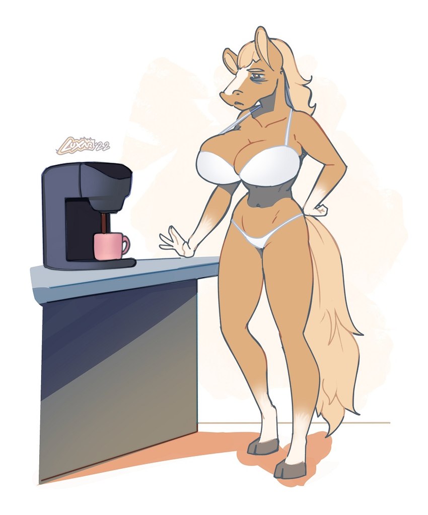 anthro beverage big_breasts blonde_hair bra breasts cleavage clothed clothing coffee coffee_machine coffee_mug collarbone container cup curvy_figure eye_bags female fur hair hooves long_hair mug panties pose solo standing tan_body tan_fur thong tired tired_eyes underwear underwear_only unguligrade white_body white_bra white_clothing white_fur white_panties white_underwear luxar92 keurig kaitlyn_(wsad) equid equine horse mammal pinup