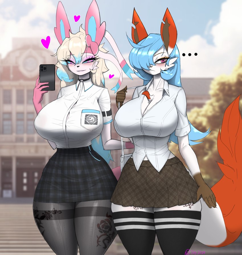 anthro big_breasts black_clothing black_shirt black_topwear blue_hair blue_highlights blue_sclera blush bottomwear breasts brown_body brown_bottomwear brown_clothing brown_fur brown_skirt cellphone cleavage clothed clothed_anthro clothed_female clothing duo electronics ellipsis female fluffy fluffy_tail fur hair hair_over_eye heart_symbol highlights_(coloring) holding_cellphone holding_object holding_phone holding_smartphone leg_tattoo legwear long_hair multicolored_body multicolored_fur multicolored_hair notched_ear orange_body orange_fur outside phone pink_body pink_eyes pink_fur red_eyes school shirt skirt smartphone standing tail tan_hair tattoo thick_thighs thigh_highs topwear two_tone_hair white_body white_clothing white_fur white_shirt white_topwear wide_hips maned_kitsune nintendo pokemon eeveelution gardevoir generation_3_pokemon generation_4_pokemon generation_6_pokemon hybrid leafeon pokemon_(species) shiny_pokemon sylveon 2024 hi_res