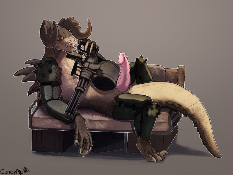 animal_genitalia animal_penis anthro armor bed big_penis box brown_body brown_scales claws container countershade_face countershade_tail countershade_torso countershading crate erection exposed frown furniture gatling_gun genital_slit genitals glans grey_background gun holding_gun holding_object holding_ranged_weapon holding_weapon horn looking_at_viewer lying machine_gun male mattress minigun mostly_nude nubbed_penis on_back on_bed orange_eyes penis pink_penis pupils ranged_weapon reclining scales scowl seductive sharp_teeth simple_background slit_pupils solo spiked_armor spiked_tail spikes spikes_(anatomy) tail tan_body tan_countershading tan_scales teeth text weapon yellow_eyes gundypip fallout microsoft atlas_(dokuekiwargreymon) deathclaw monster reptile scalie 2019 4:3 digital_media_(artwork) english_text hi_res shaded signature