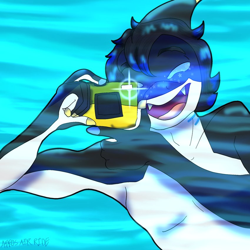 anthro blush camera glistening glistening_body happy male pool_toy smile solo underwater water aerosairride aero_vacuum fish marine shark 1:1 hi_res