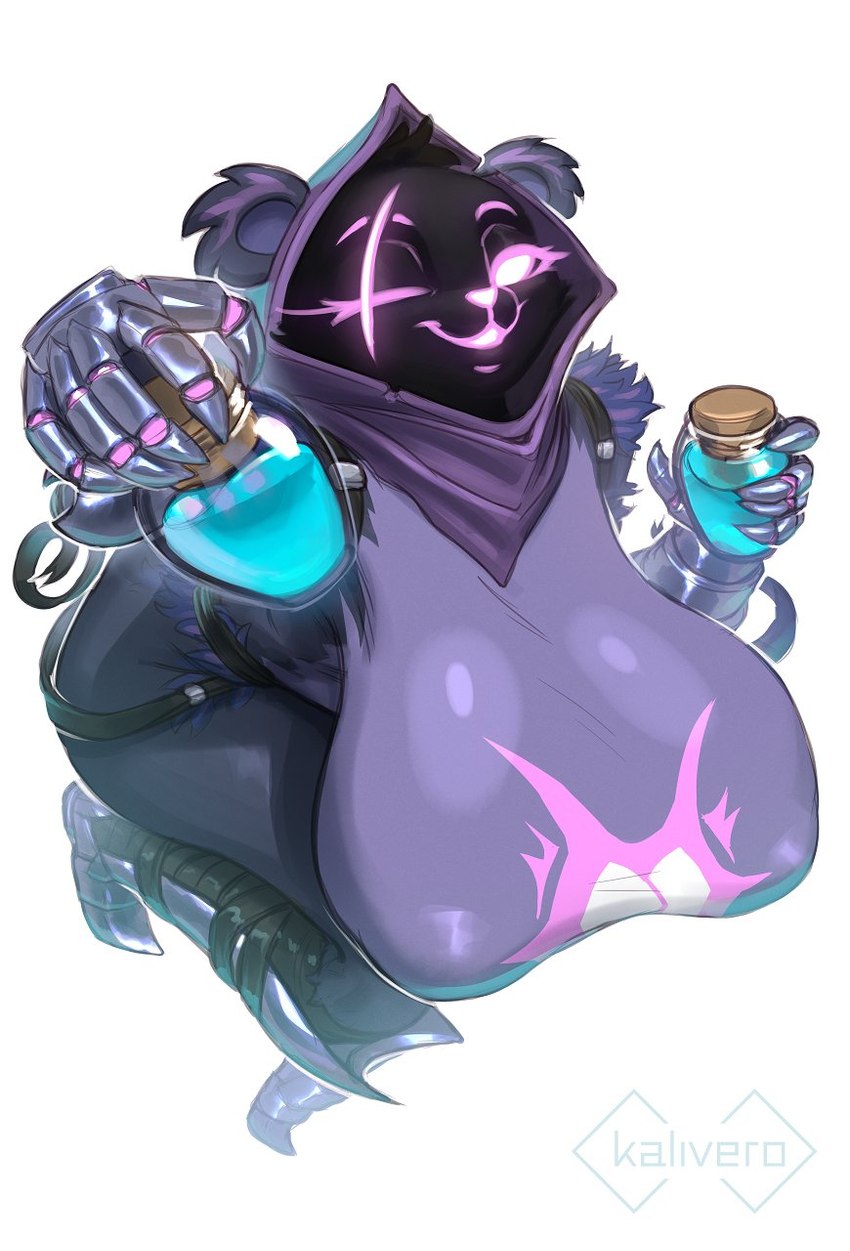 anthro armor big_breasts breasts female glowing glowing_eyes glowing_markings huge_breasts looking_at_viewer markings narrowed_eyes nipple_outline offering_beverage offering_to_viewer potion potion_bottle sagging_breasts scar shield_potion smile solo thick_thighs wide_hips kalivero epic_games fortnite raven_team_leader bear mammal hi_res