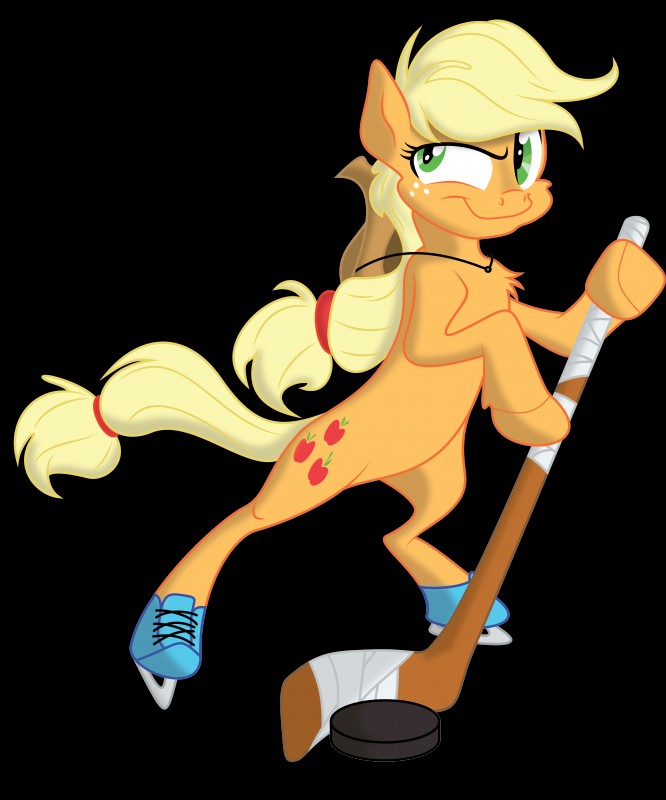 accessory blonde_hair clothing cowboy_hat cutie_mark female feral freckles fur green_eyes hair hair_accessory hairband hat headgear headwear hockey_puck hockey_stick hooves orange_body orange_fur quadruped simple_background smile solo transparent_background mysteriouskaos_(artist) friendship_is_magic hasbro my_little_pony applejack_(mlp) earth_pony equid equine horse mammal pony 2012 absurd_res alpha_channel hi_res shaded