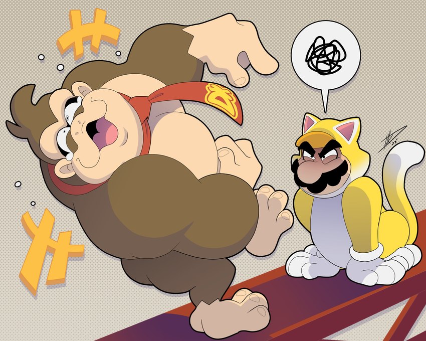 angry anthro bodily_fluids brown_body cat_costume cat_suit_(mario) clothing costume crossbar_emanata crying_laughing duo emanata expressive facial_hair humor laugh male muscular muscular_anthro muscular_male mustache necktie pecs tears hikazedragon donkey_kong_(series) illumination_entertainment mario_bros nintendo the_super_mario_bros_movie cat_mario donkey_kong_(character) mario ape gorilla haplorhine human mammal primate 5:4 hi_res