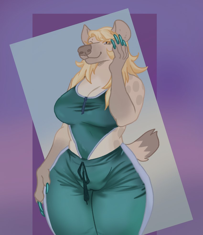 anthro big_ears blonde_hair breasts camel_toe claws cleavage clothed clothing colored_nails female fur green_claws green_clothing hair leucistic long_nails markings nails short_tail smile solo sportswear spots spotted_body spotted_fur tail thick_thighs wide_hips yellow_eyes deermary bones_(deermary) hyena mammal spotted_hyena