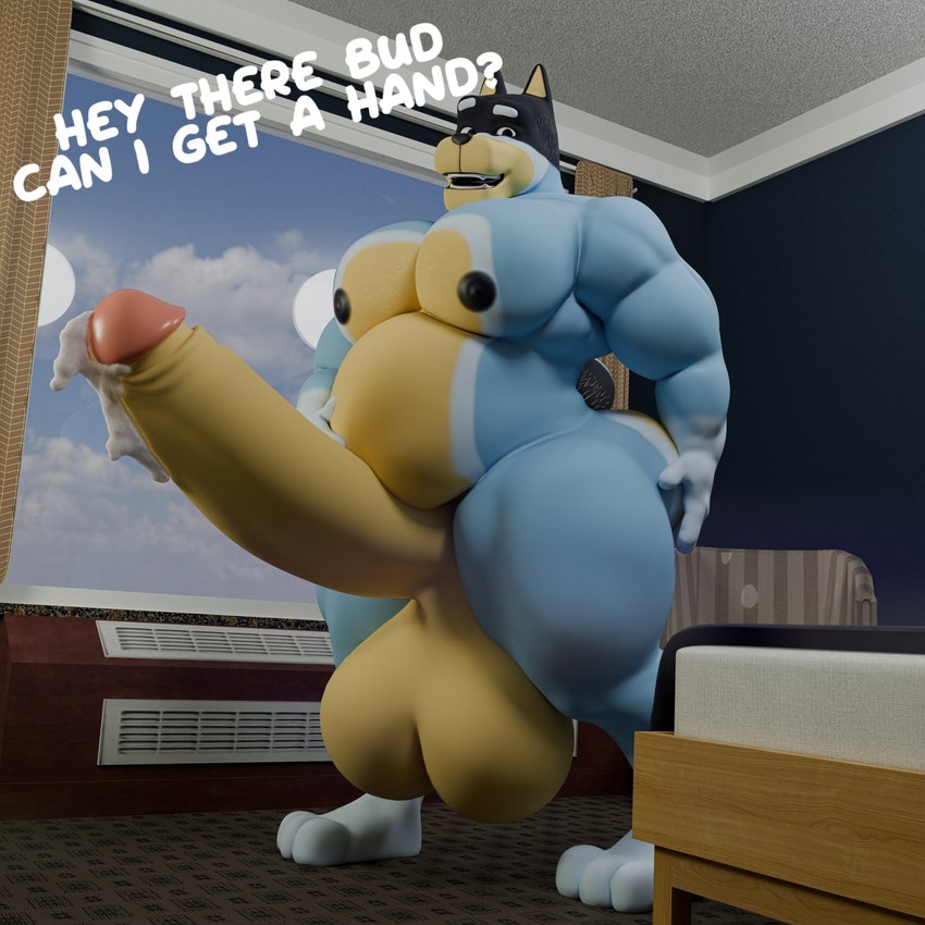 anthro balls big_balls big_butt big_penis blue_body blue_fur bodily_fluids butt cum erection fur genital_fluids genitals huge_balls huge_penis humanoid_genitalia humanoid_penis hyper hyper_balls hyper_genitalia hyper_penis looking_at_viewer male musclegut muscular muscular_anthro muscular_male nipples nude open_mouth overweight pecs penis smile solo tail text thick_thighs anonymousfm bluey_(series) bandit_heeler australian_cattle_dog canid canine canis cattledog domestic_dog herding_dog mammal pastoral_dog 1:1 3d_(artwork) digital_media_(artwork) english_text hi_res