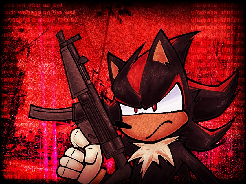 anthro black_body black_fur black_nose chest_tuft clothing distorted_background distortion fur gloves gun handwear lyrics male mp5 multicolored_body multicolored_fur photo_background ranged_weapon red_body red_eyes red_fur solo submachine_gun text text_in_background tuft weapon white_body white_fur howyabenn sega sonic_the_hedgehog_(series) shadow_the_hedgehog eulipotyphlan hedgehog mammal 2024 4:3 digital_drawing_(artwork) digital_media_(artwork) hi_res photography_(artwork) shaded watermark