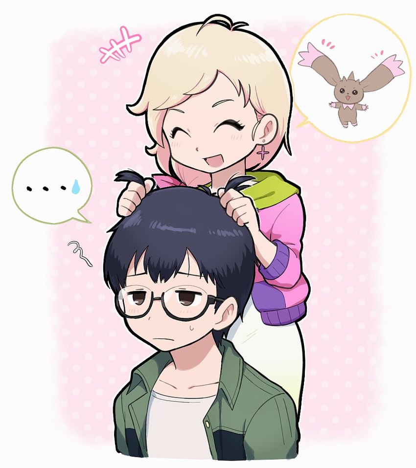 annoyed black_hair blonde_hair brown_body brown_fur duo ellipsis eyewear female fur glasses hair humor long_ears male hsnkz809 bandai_namco digimon digimon_survive lopmon_(survive) saki_kimijima shuuji_kayama digimon_(species) human lopmon mammal