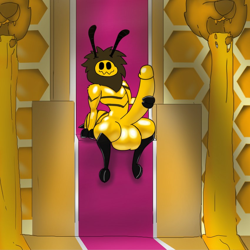 2_toes antennae_(anatomy) anthro balls big_balls big_penis carpet chair feet fluffy fluffy_shoulders food furniture genitals glistening glistening_body hand_on_penis hexagon honey_(food) honeycomb honeycomb_(pattern) huge_balls huge_penis hyper hyper_balls hyper_genitalia hyper_penis looking_at_viewer male mane masturbation neck_tuft no_sclera owo penis red_carpet simple_eyes sitting sitting_on_throne smile solo stinger striped_body stripes thick_thighs throne throne_room toes tuft wall_(structure) thehalloweenfool_(artist) arthropod bear bee bumble_bee_(species) hymenopteran insect mammal 1:1 hi_res shaded