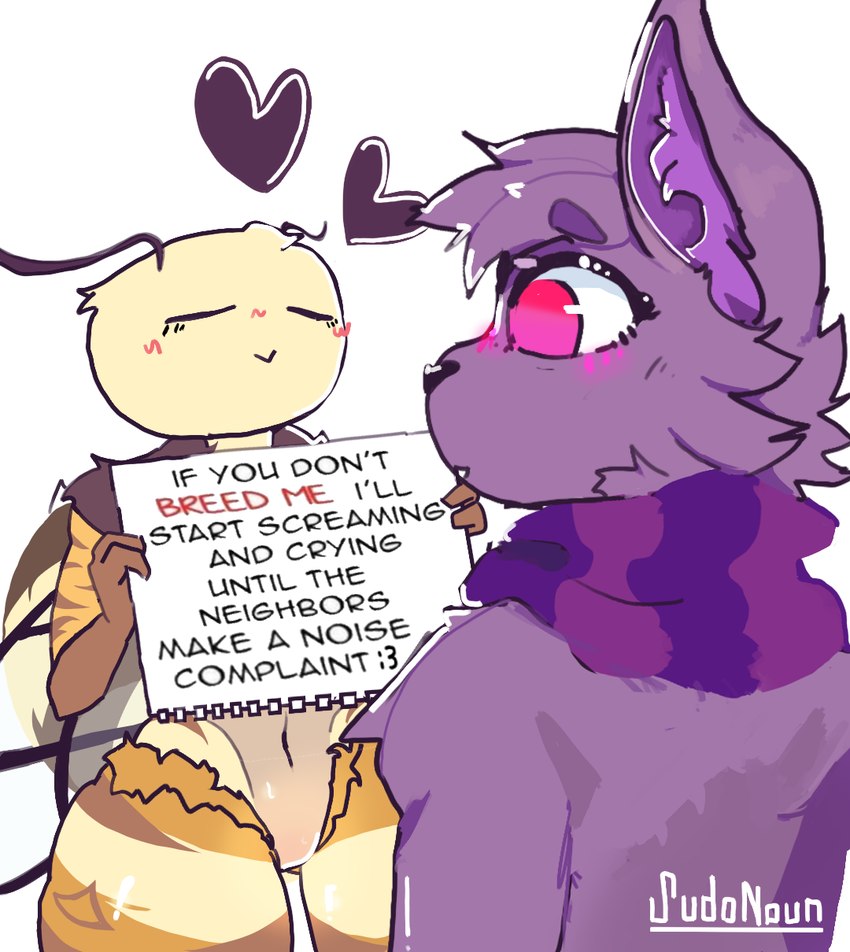 anthro breed duo femboy heart_symbol male male/male scarf sign text thick_thighs wings sudonoun teev_(sudonoun) arthropod bee felid feline hymenopteran insect mammal english_text hi_res