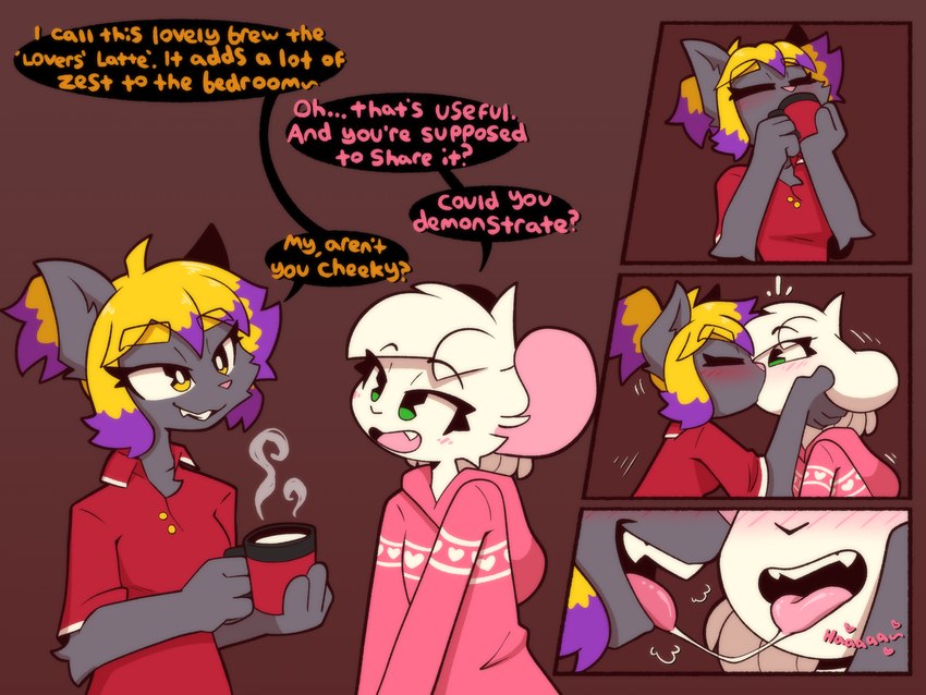 anthro blush dialogue duo female hot_drink kiss_on_lips kissing male male/female open_mouth surprised whygena ashley_(mewgle) reggie_(whygena) domestic_cat felid feline felis mammal murid murine rat rodent 4:3 artist_collaboration comic hi_res