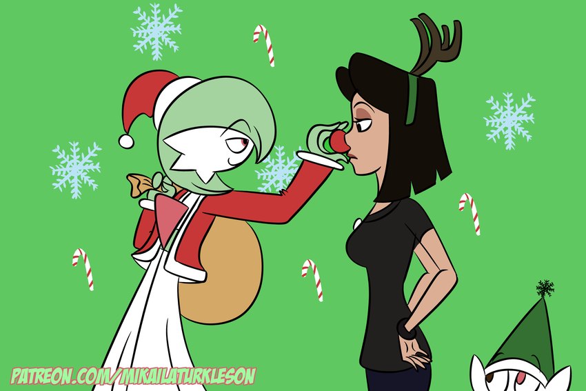 5_fingers clothed clothing female fingers group holidays not_furry smile trio mikaila_turkleson christmas nintendo pokemon bonnie_(madhouse) g_(madhouse) santa_claus gardevoir generation_3_pokemon human mammal pokemon_(species) hi_res