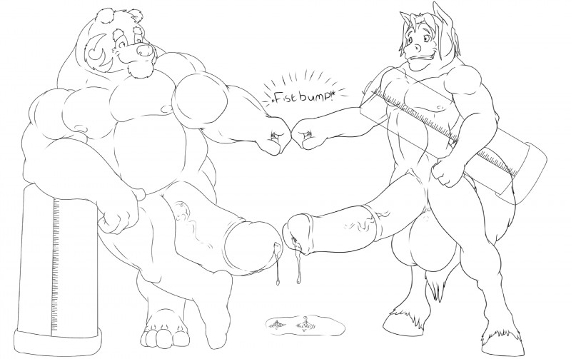 anthro balls big_balls big_muscles big_penis bodily_fluids duo erection fist_bump foreskin genital_fluids genitals gesture growth huge_balls huge_penis humanoid_genitalia humanoid_penis hyper hyper_balls hyper_genitalia hyper_penis male male/male musclegut muscular muscular_anthro muscular_male nude penis penis_pump precum pump retracted_foreskin text vacuum_pumping brubearbrown arzel_(character) brubearbrown_(character) bear equid mammal english_text hi_res monochrome