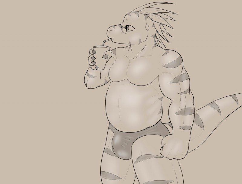 anthro beverage biceps bulge clothed clothing detailed_bulge eyewear food genital_outline glasses jockstrap male musclegut muscular muscular_anthro muscular_male penis_outline pince-nez slightly_chubby solo speedo swimwear tail topless underwear nx-42 immelmann_(character) dinosaur dromaeosaurid prehistoric_species reptile scalie theropod velociraptor absurd_res hi_res monochrome sketch