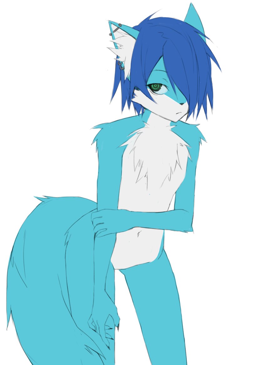 anthro blue_body blue_ears blue_fur blue_hair blue_tail chest_tuft countershading fur green_eyes hair hair_over_eye hand_on_own_arm humanoid_hands inner_ear_fluff looking_aside male multicolored_body multicolored_fur navel nude one_eye_obstructed scene_haircut simple_background solo tail three-quarter_view tuft two_tone_body two_tone_fur white_background white_body white_countershading white_fur white_inner_ear white_inner_ear_fluff rofortyseven canid canine fox mammal 2019 digital_media_(artwork) flat_colors hi_res portrait three-quarter_portrait