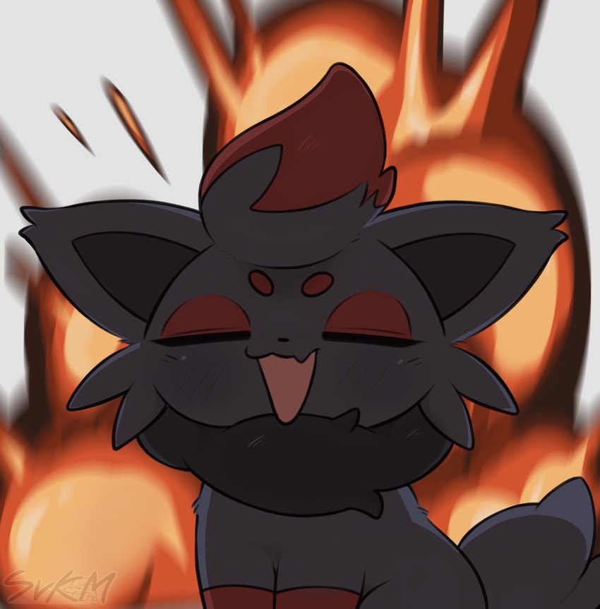 ambiguous_gender black_body black_fur blush cheek_tuft explosion eyebrows eyes_closed facial_tuft feral front_view fur grey_tail open_mouth open_smile quadruped red_body red_fur simple_background smile solo tail tuft white_background svkhaiminh nintendo pokemon generation_5_pokemon pokemon_(species) zorua hi_res