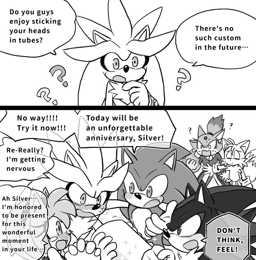 2_tails anthro blush clothed clothing dialogue female fur gloves group handwear male multi_tail speech_bubble tail tube yotsumeddd sega sonic_the_hedgehog_(series) amy_rose blaze_the_cat miles_prower shadow_the_hedgehog silver_the_hedgehog sonic_the_hedgehog canid canine domestic_cat eulipotyphlan felid feline felis fox hedgehog mammal black_and_white comic monochrome