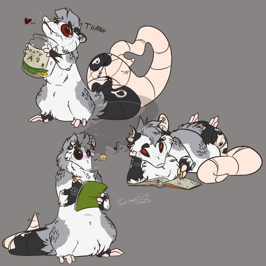 anthro blush bodily_fluids container drawing excited heart_symbol humming jar male map solo sticker tears text tip_jar possumgod ryder_the_pirate_(possumgod) american_opossum mammal marsupial 1:1 absurd_res english_text hi_res sketch