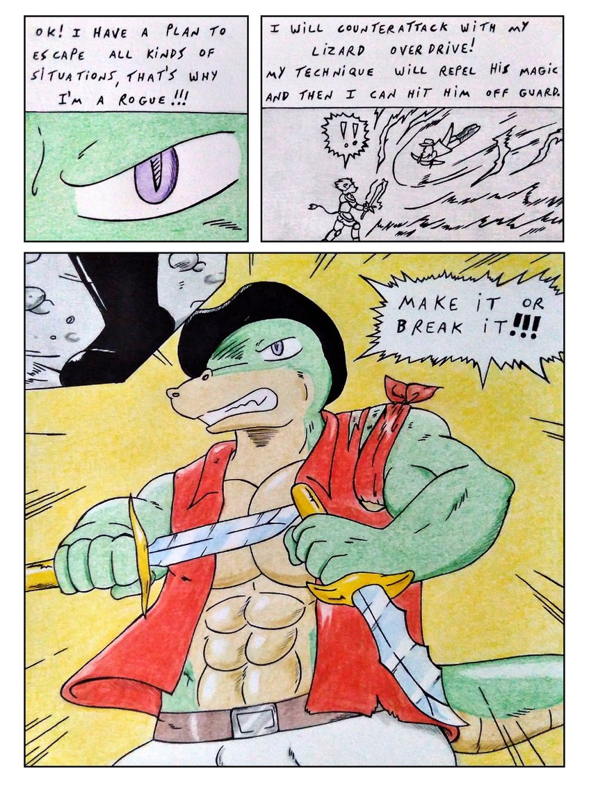 abs angry anthro barazoku battle biceps big_muscles big_pecs black_boots black_clothing black_footwear black_hat black_headwear boots bulge clenched_teeth clothed clothing comic_panel dagger determination determined dialogue fight fingers footwear green_body hat headgear headwear holding_object holding_weapon lizard_tail male manly medieval_clothing medieval_fantasy melee_weapon muscular muscular_anthro muscular_arms muscular_male obliques open_clothing open_shirt open_topwear pecs purple_eyes red_clothing shirt shoes simple_background speech_bubble tail teeth teeth_showing tension text thinking thoughtful_expression topwear weapon wounded yellow_background dashthefox nikel lizard reptile scalie absurd_res comic english_text hi_res traditional_media_(artwork)